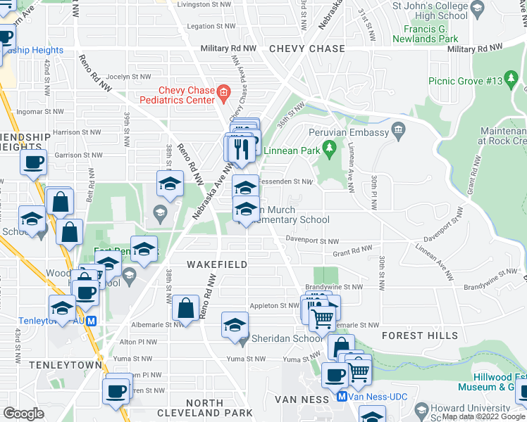 map of restaurants, bars, coffee shops, grocery stores, and more near Connecticut Avenue Northwest & Ellicott Street Northwest in Washington