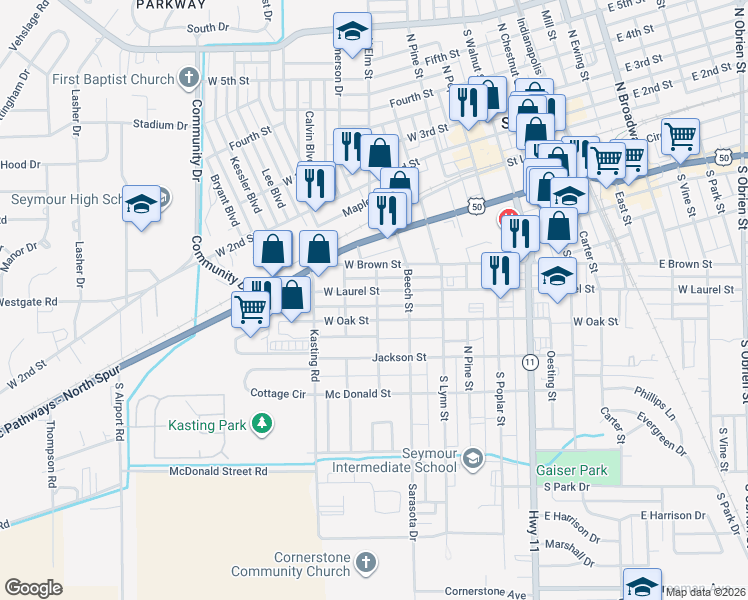 map of restaurants, bars, coffee shops, grocery stores, and more near 911 West Laurel Street in Seymour