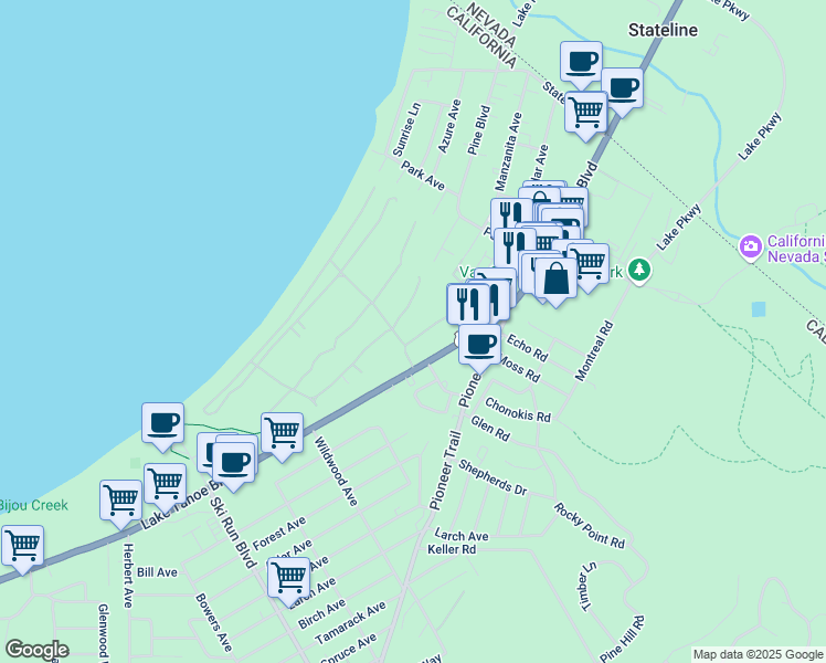 map of restaurants, bars, coffee shops, grocery stores, and more near 3921 Cedar Road in South Lake Tahoe