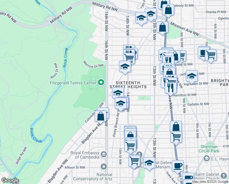 map of restaurants, bars, coffee shops, grocery stores, and more near 5205 Colorado Avenue Northwest in Washington