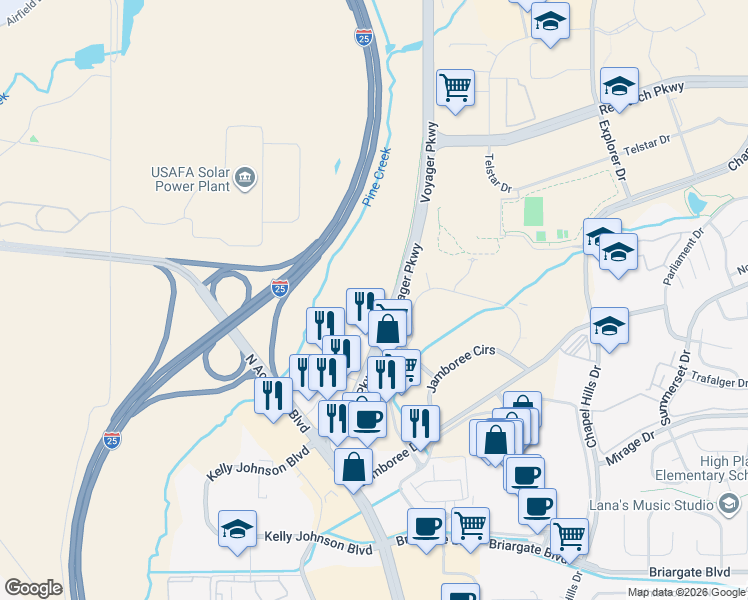 map of restaurants, bars, coffee shops, grocery stores, and more near 8280 Voyager Pkwy in Colorado Springs