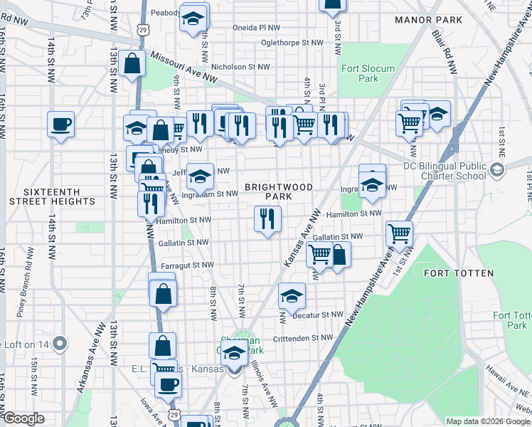 map of restaurants, bars, coffee shops, grocery stores, and more near 607 Hamilton Street Northwest in Washington