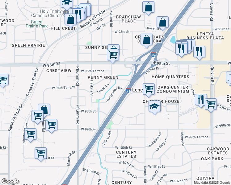 map of restaurants, bars, coffee shops, grocery stores, and more near 13011 Pennycross Road in Lenexa