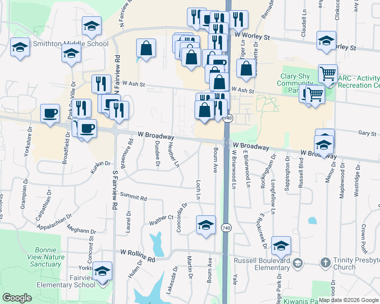 map of restaurants, bars, coffee shops, grocery stores, and more near 2315 Highland Drive in Columbia