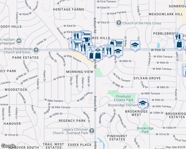 map of restaurants, bars, coffee shops, grocery stores, and more near 9701 Antioch Road in Overland Park