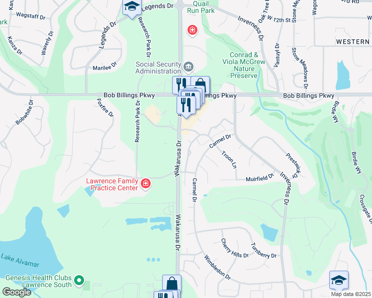 map of restaurants, bars, coffee shops, grocery stores, and more near 1685-1799 Wakarusa Drive in Lawrence