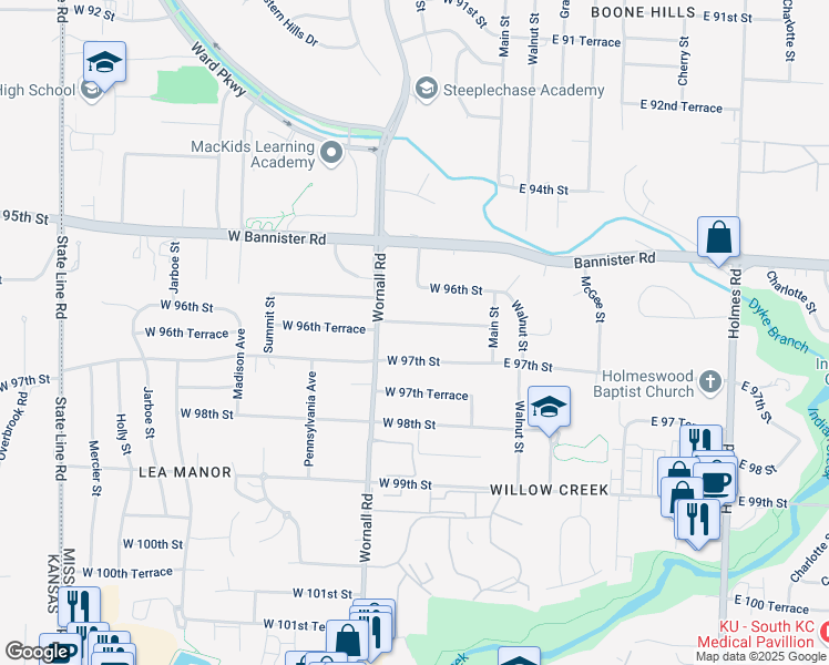 map of restaurants, bars, coffee shops, grocery stores, and more near 211 West 96th Terrace in Kansas City