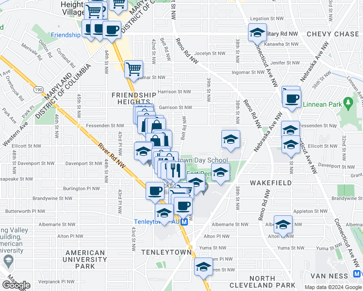 map of restaurants, bars, coffee shops, grocery stores, and more near Ellicott Street Northwest in Washington