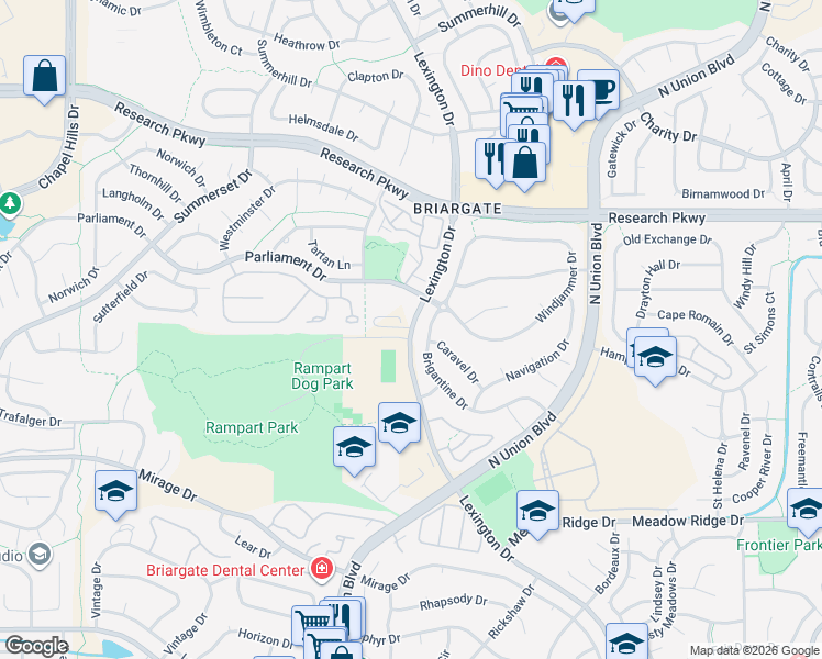 map of restaurants, bars, coffee shops, grocery stores, and more near 8320 Lexington Drive in Colorado Springs