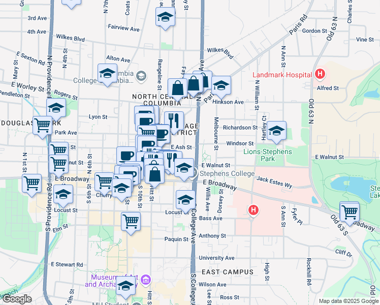 map of restaurants, bars, coffee shops, grocery stores, and more near 113 North College Avenue in Columbia