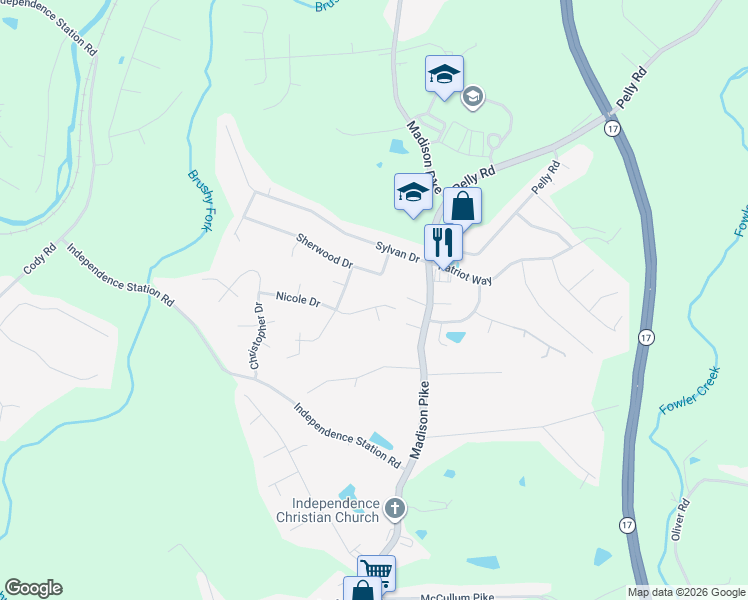 map of restaurants, bars, coffee shops, grocery stores, and more near 107 Friar Tuck Drive in Independence
