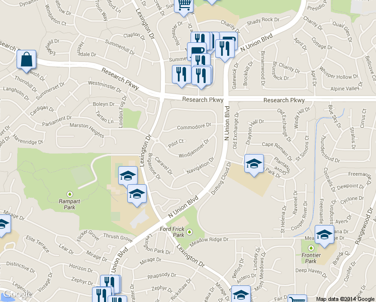 map of restaurants, bars, coffee shops, grocery stores, and more near 3120 Windjammer Dr in Colorado Springs
