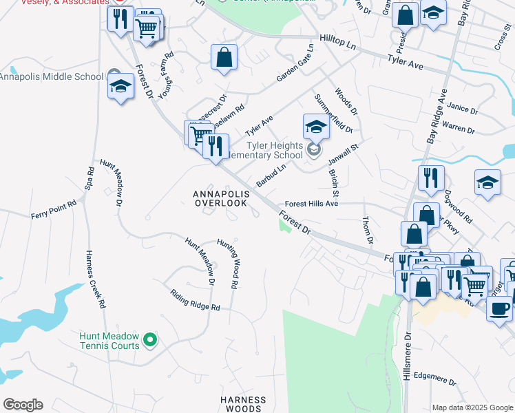 map of restaurants, bars, coffee shops, grocery stores, and more near 50 Amberstone Court in Annapolis