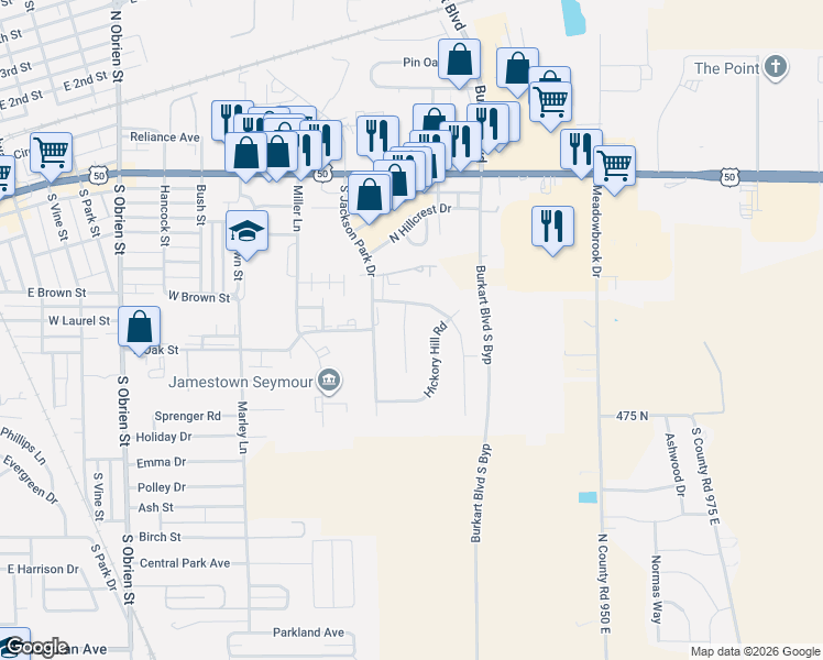 map of restaurants, bars, coffee shops, grocery stores, and more near 707 South Jackson Park Drive in Seymour