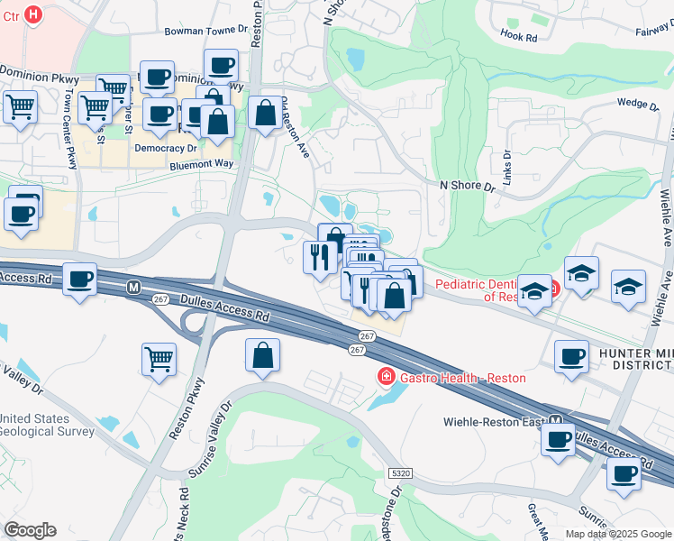 map of restaurants, bars, coffee shops, grocery stores, and more near 11730 Plaza America Drive in Reston