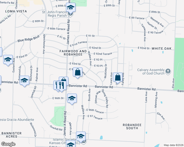 map of restaurants, bars, coffee shops, grocery stores, and more near 8505 East 93rd Street in Kansas City