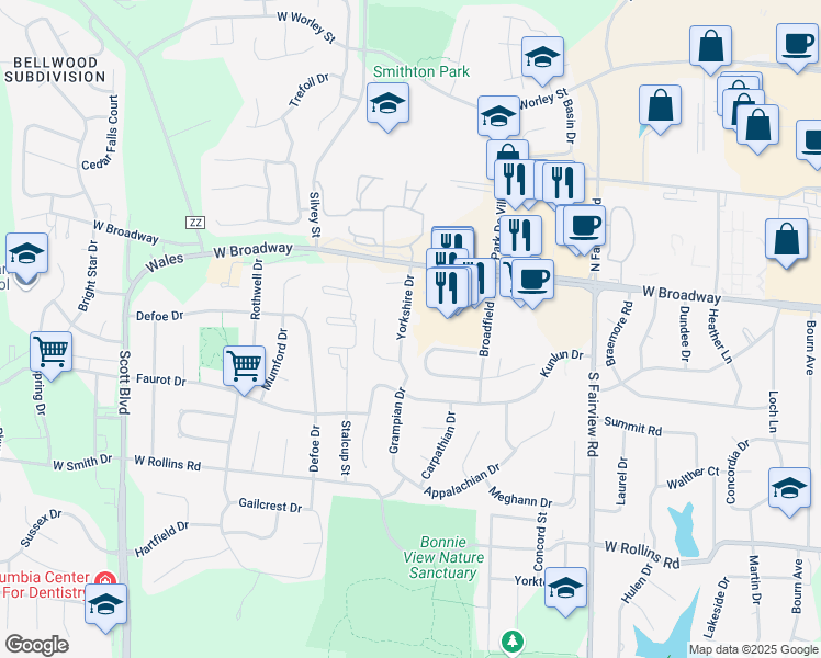 map of restaurants, bars, coffee shops, grocery stores, and more near 102 Yorkshire Drive in Columbia