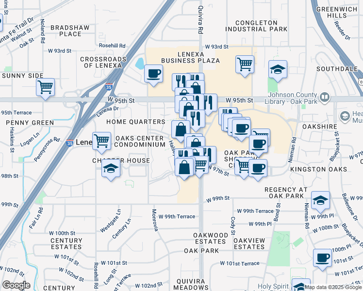 map of restaurants, bars, coffee shops, grocery stores, and more near 9650 Quivira Road in Lenexa