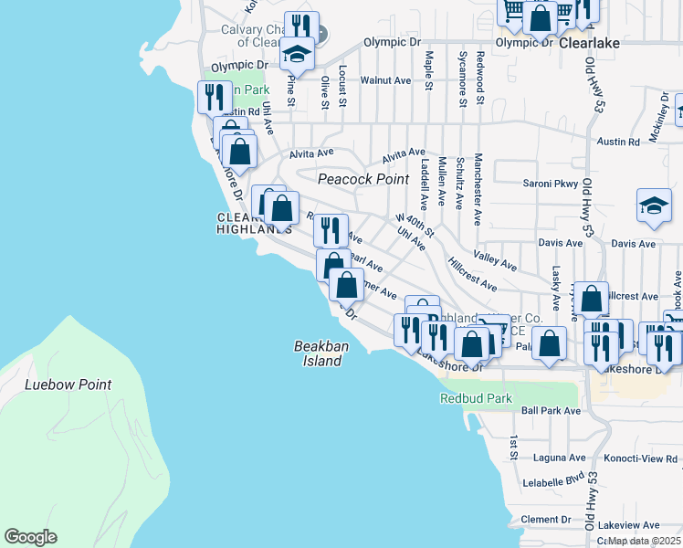 map of restaurants, bars, coffee shops, grocery stores, and more near 14400 Lakeshore Drive in Clearlake