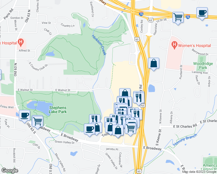 map of restaurants, bars, coffee shops, grocery stores, and more near 2703 East Walnut Street in Columbia