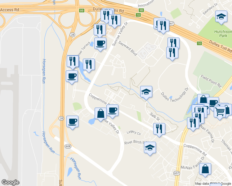 map of restaurants, bars, coffee shops, grocery stores, and more near 2430 Terra Cotta Circle in Herndon