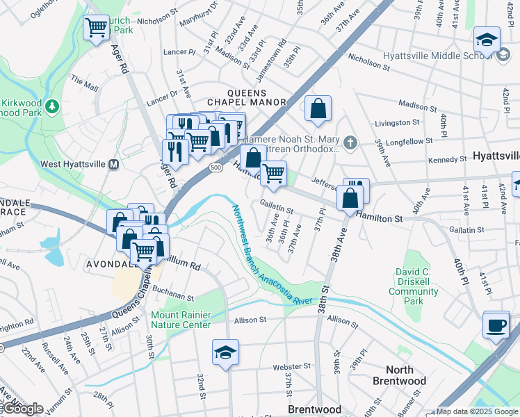 map of restaurants, bars, coffee shops, grocery stores, and more near 3603 Gallatin Street in Hyattsville