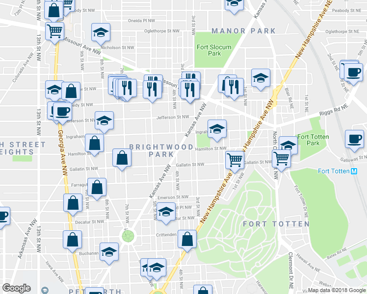 map of restaurants, bars, coffee shops, grocery stores, and more near 5201 Kansas Avenue Northwest in Washington