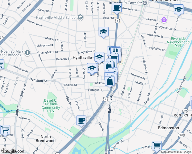 map of restaurants, bars, coffee shops, grocery stores, and more near 5207 42nd Place in Hyattsville
