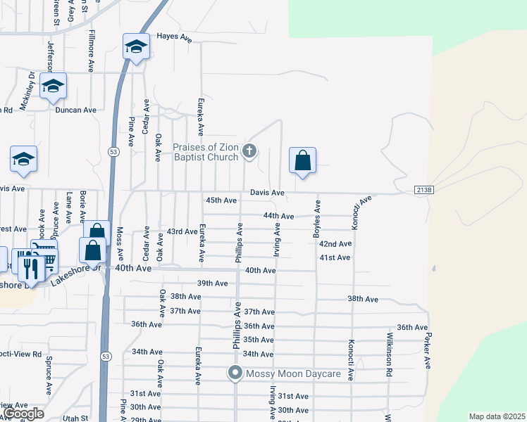map of restaurants, bars, coffee shops, grocery stores, and more near 15962 44th Avenue in Clearlake