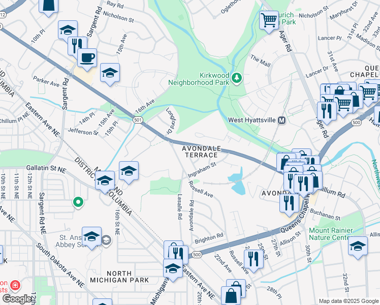 map of restaurants, bars, coffee shops, grocery stores, and more near 5411 20th Avenue in Hyattsville