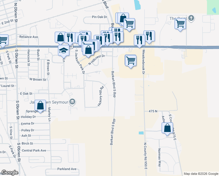 map of restaurants, bars, coffee shops, grocery stores, and more near 705 South Sycamore Road in Seymour