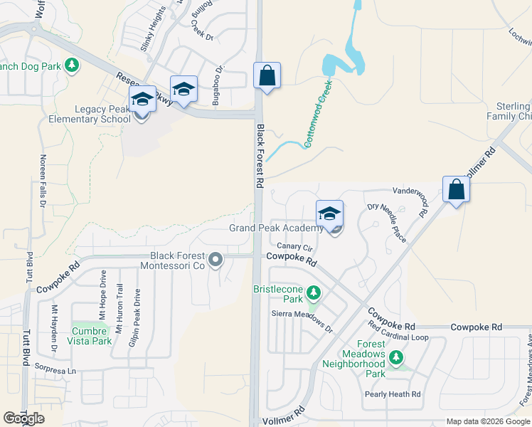 map of restaurants, bars, coffee shops, grocery stores, and more near 6812 Loftwood Road in Colorado Springs