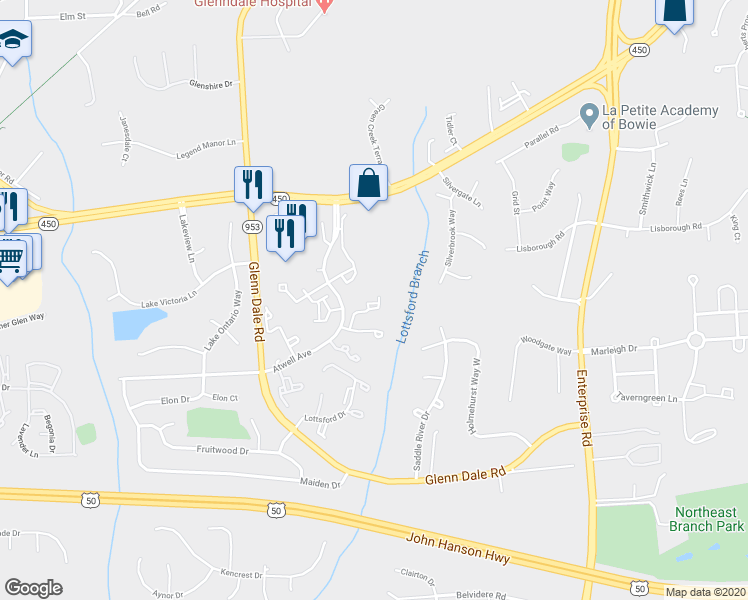 map of restaurants, bars, coffee shops, grocery stores, and more near 4620 Deepwood Court in Bowie