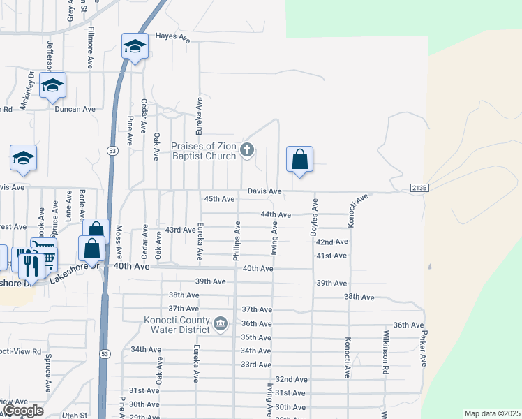 map of restaurants, bars, coffee shops, grocery stores, and more near 15962 44th Avenue in Clearlake