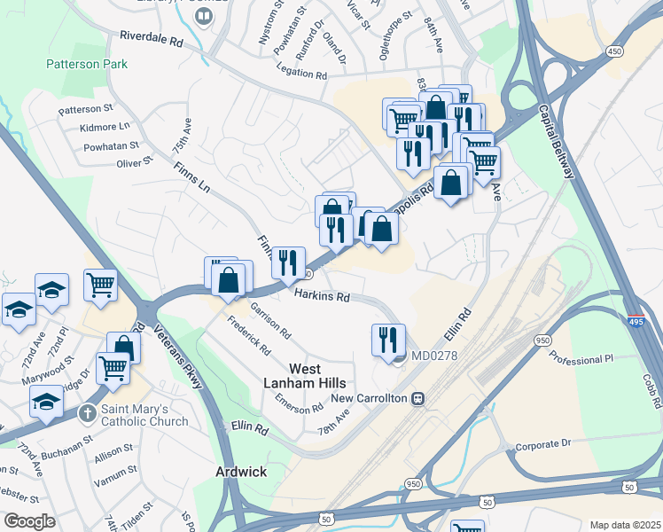 map of restaurants, bars, coffee shops, grocery stores, and more near 7901 Annapolis Road in Lanham