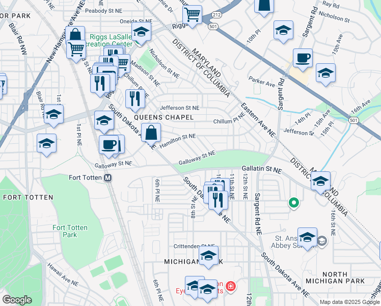 map of restaurants, bars, coffee shops, grocery stores, and more near 5140 7th Street Northeast in Washington
