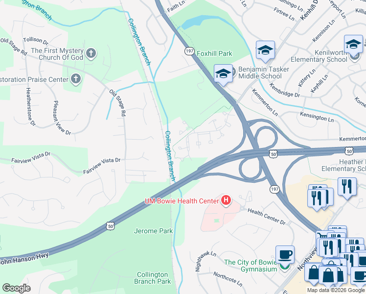 map of restaurants, bars, coffee shops, grocery stores, and more near 14517 London Ln in Bowie