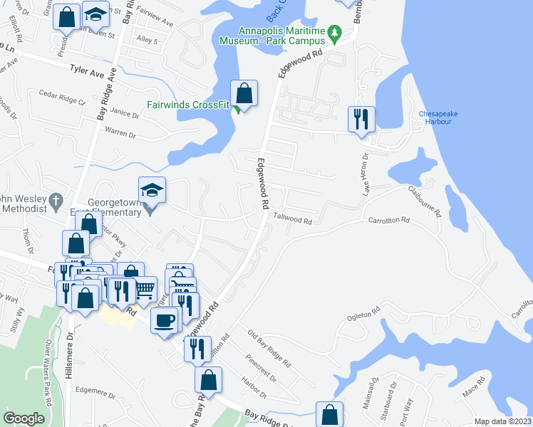 map of restaurants, bars, coffee shops, grocery stores, and more near Edgewood Rd & Tallwood Rd in Annapolis