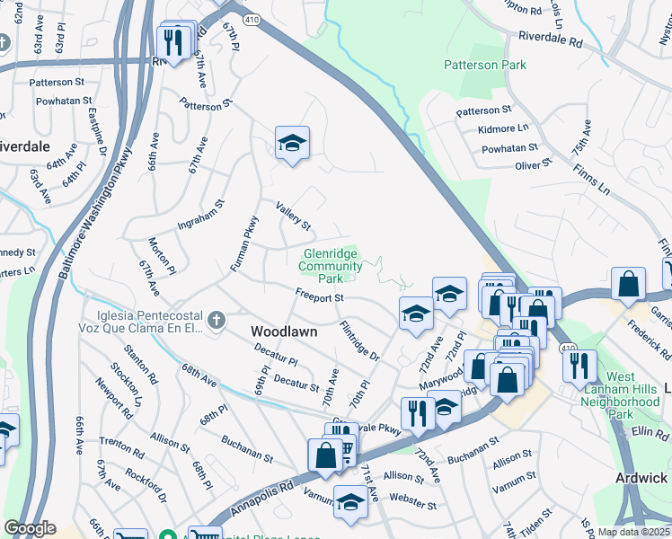map of restaurants, bars, coffee shops, grocery stores, and more near 5211 Flintridge Drive in Hyattsville