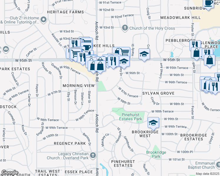 map of restaurants, bars, coffee shops, grocery stores, and more near 9748 Hadley Drive in Overland Park