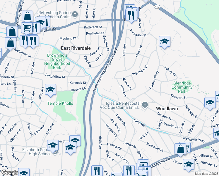 map of restaurants, bars, coffee shops, grocery stores, and more near 5402 66th Place in Woodlawn
