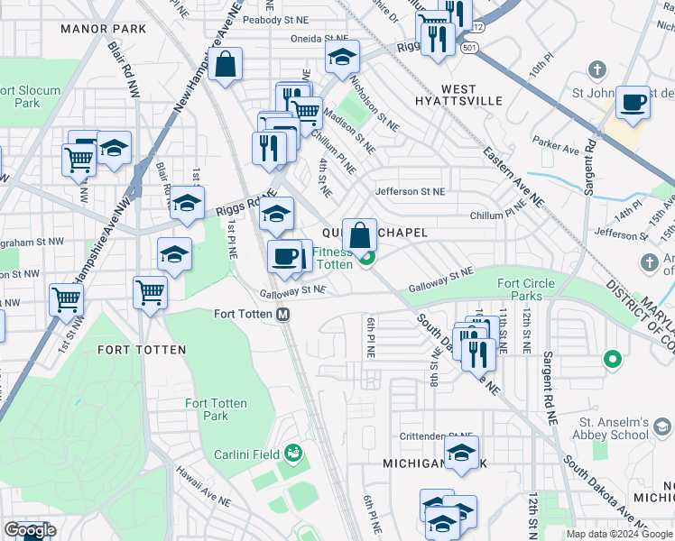 map of restaurants, bars, coffee shops, grocery stores, and more near 395 Ingraham Street Northeast in Washington