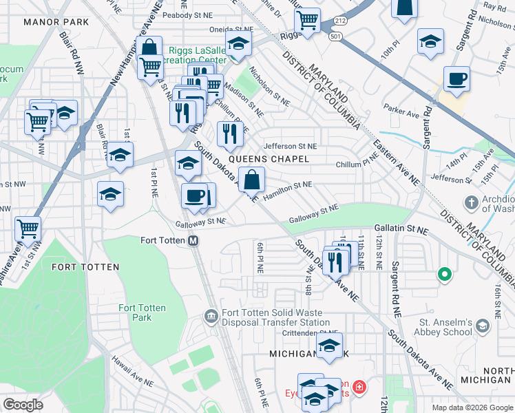 map of restaurants, bars, coffee shops, grocery stores, and more near 5198 South Dakota Avenue Northeast in Washington