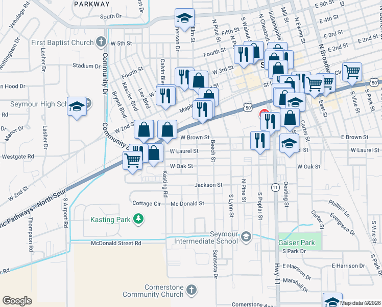 map of restaurants, bars, coffee shops, grocery stores, and more near 911 West Laurel Street in Seymour