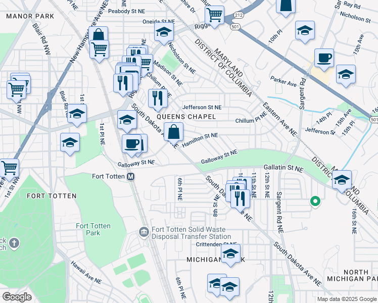 map of restaurants, bars, coffee shops, grocery stores, and more near 5175 South Dakota Avenue Northeast in Washington