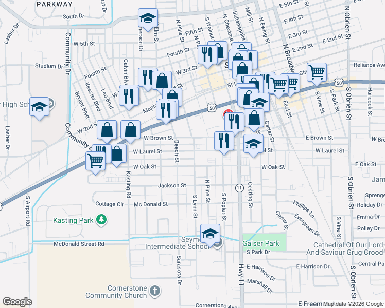 map of restaurants, bars, coffee shops, grocery stores, and more near 701 West Laurel Street in Seymour