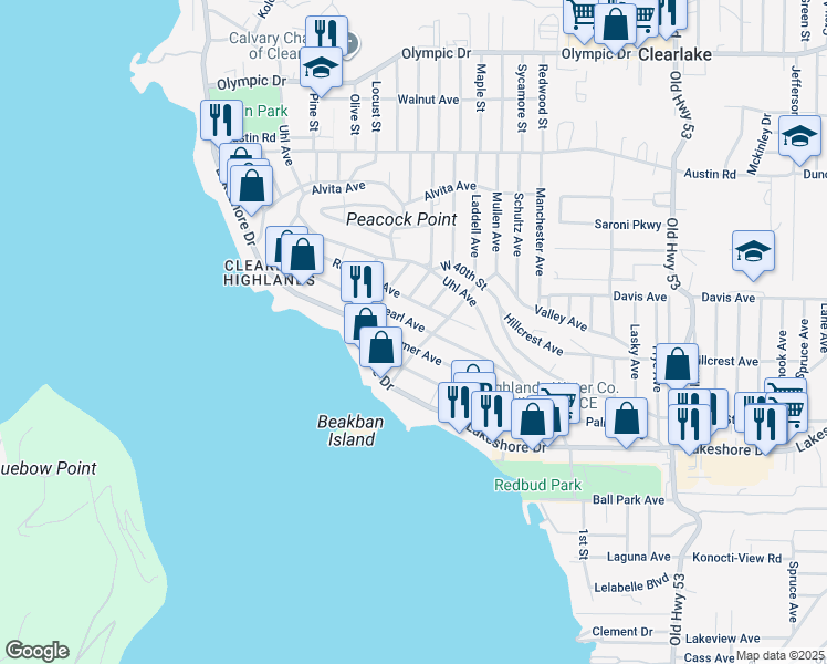 map of restaurants, bars, coffee shops, grocery stores, and more near 14543 Pearl Avenue in Clearlake