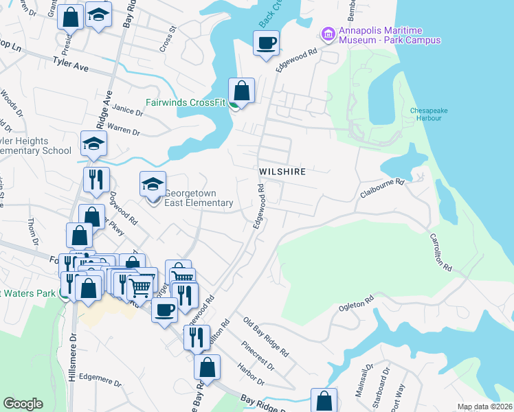 map of restaurants, bars, coffee shops, grocery stores, and more near 961 Windwhisper Lane in Annapolis