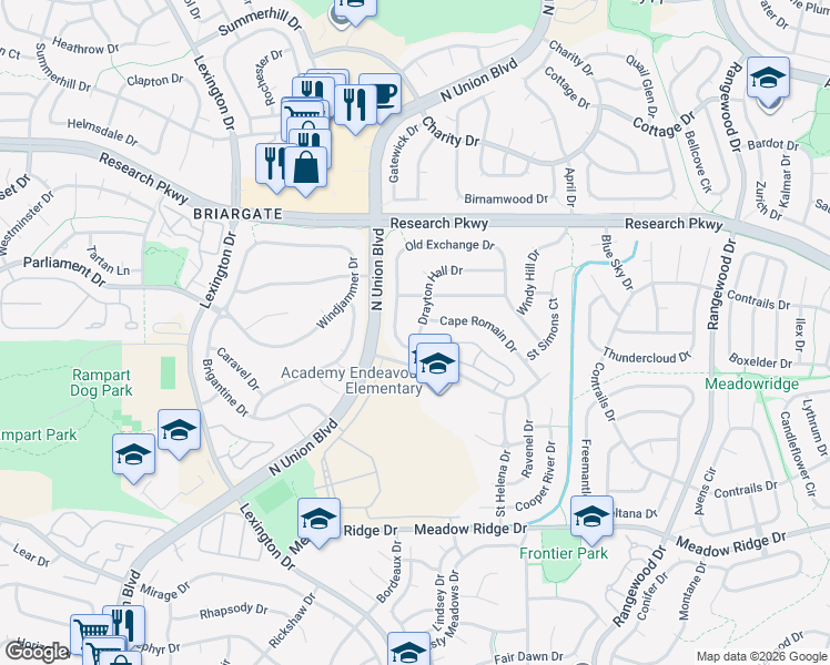 map of restaurants, bars, coffee shops, grocery stores, and more near 8090 Drayton Hall Drive in Colorado Springs