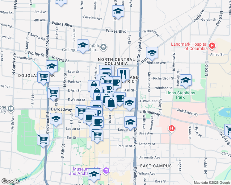 map of restaurants, bars, coffee shops, grocery stores, and more near 110 Orr Street in Columbia